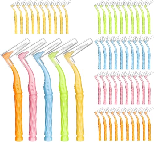 50pcs Interdental Brushes, 5 Sizes Braces Brush Set Soft Dental Brushes with Non-Slip Handle Angled Head Tooth Picks Floss Sticks Dental Floss Brushes for Braces Oral Cleaning