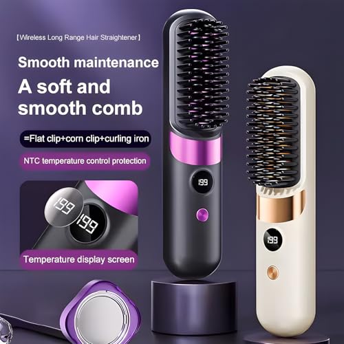 Brush Pro, Portable Wireless Straight Hair Comb, Straightener Brushs for Travel with LCD Temperature Display, Hair Straightener Fast Heating Cordless Mini Hair Brushs (Black)