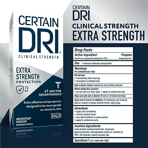 Certain Dri Extra Strength Clinical Solid Antiperspirant, 72-Hour Sweat & Odor Protection for Hyperhidrosis, Maximum-Strength, Powder Fresh Scent, 1.7 oz (Pack of 1)