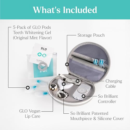 GLO Science So Brilliant Tooth Whitener Set – Unique Heat Technology for Fast, Sensitivity Free Teeth Whitening – Patented Mouthpiece with LED Light, Gel Pods with 6% HP, Lip Balm, & Travel Case