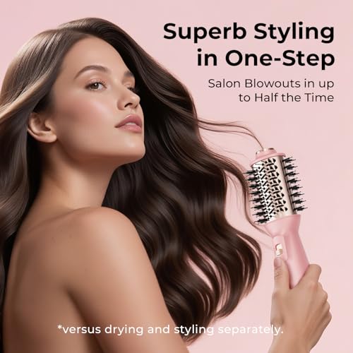 PLAVOGUE Mini Dual Voltage Hair Dryer Brush, 700 Watts Travel Hot Air Brush with European Plug，Ionic One Step Blow Dryer and Styling Brush with Ceramic Coating for Women for Home & Salon (Pink)