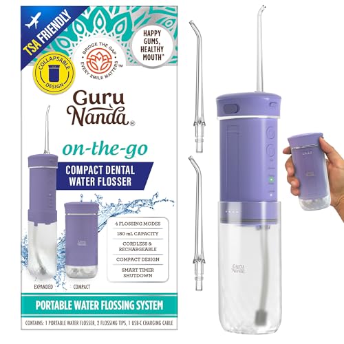 GuruNanda Compact Water Dental Flosser, Portable Travel Size Oral Irrigator Flosser with Collapsible 180 ml Tank, Smart Timer, 4 Flossing Modes, TSA-Friendly - Lavender