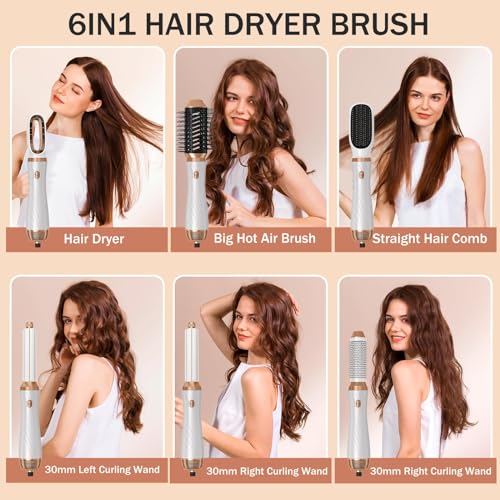 6 in 1 Hair Dryer Brush Set, Blow Dryer Brush Upgrade Detachable Air Styler Wrap Air Curler, Curly Twist Hot Curling Iron, Negative Ion Blow Dryer Hot Styler, Travel Hair Styling Tool