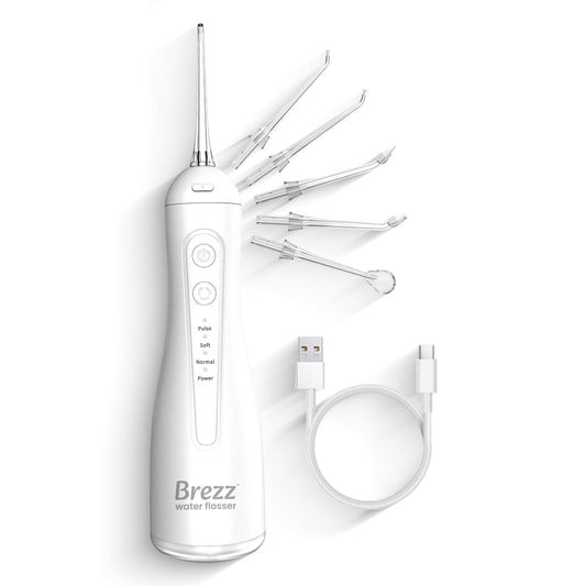 Brezz Water Dental Flosser Pick:Professional for Teeth Cleaning,4 Modes Cordless, Rechargeable IPX 7Waterproof,300ML Large Tank,Electric,Portable Home Travel,5Tips Flossing,Powerful Battery (White)