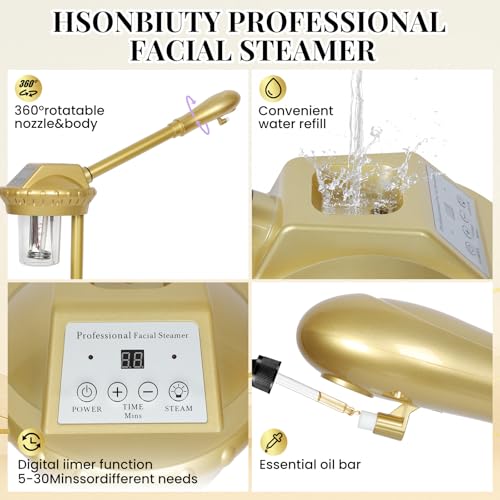 Facial Steamer Professional with More Steam for Deep Cleansing and Hydration, Estheticians Steamer on Wheels with Time Setting, Face Steamer Adjustable Height for Beauty, Spa and Home Use（Golden）