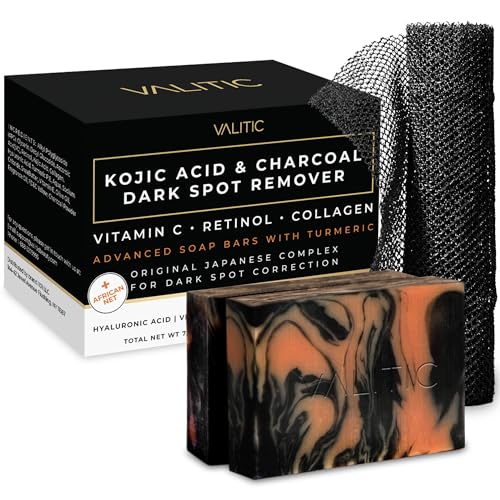 VALITIC Charcoal Kojic Acid Turmeric Black Soap Bar Dark Spot Remover for Body or Face Wash - 2 Pack and African Net Sponge