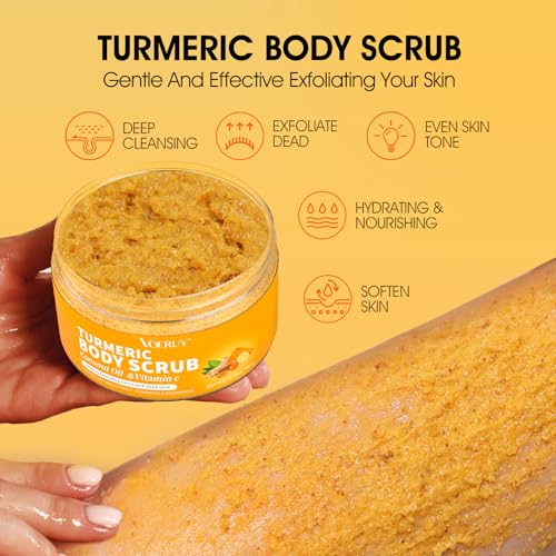 Body Scrub, Turmeric Exfoliating Body Scrub, with Coconut Oil & Vitamin C, Bikini Area Exfoliator Gently Exfoliate Body Hand and Foot Scrub, Moisturized Skin for Women and Men, 11.28oz/320g