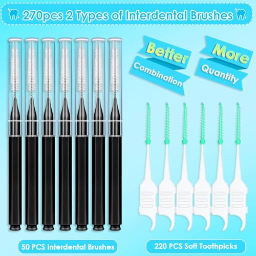 270Pcs Interdental Brush, 220Pcs Soft Dental Picks & 50Pcs Braces Brush for Teeth, Bendable Braces Flossers Heads Interdental Brushes Between Teeth Oral Tooth Braces Cleaner Kit (Black)