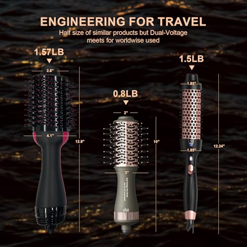 Travel Dual Voltage Blow Hair Dryer Brush 4-IN-1 Portable Mini Hot Air Dryer Straightener & Curler Brush, Titanium Round Blowout Styler Volumizer Tools, 110/240V US/EU/UK Plug for International Travel