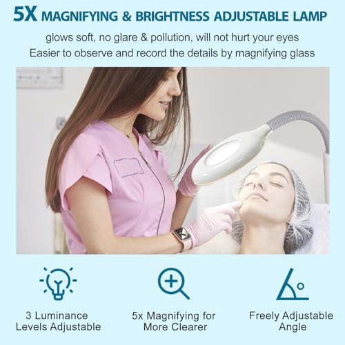 Professional 3 in 1 Facial Steamer Deep Cleaning Ozone Facial Steamer with 5X Magnifying Light & Rolling Wheels Hot/Cold Mist Function for Salon Spa Home Beauty Equipment, White