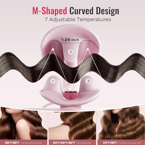 Hair Waver LENA S16 Beach Waves Curling Iron, Hair Tool for Women with 3 Titanium Ceramic Barrels, Anti-Scald Protection, Smart Timer & Adjustable Temps, Dual Voltage, 1.25 Inch, Pink