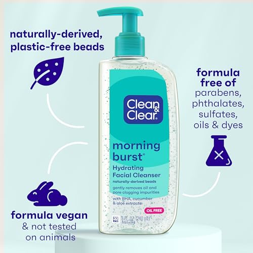 Clean & Clear Morning Burst Hydrating Facial Cleanser with BHA, Cucumber & Aloe Extracts, Refreshing Face Wash for Soft, Smooth & Clear Skin, 8 fl. oz