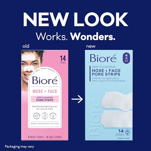 Bioré Nose+Face Blackhead Remover Strips, Deep Cleansing Strips for Nose, Chin, or Forehead, Instant Blackhead Removal and Pore Unclogging, Oil-free, Non-Comedogenic Use, 14 Count