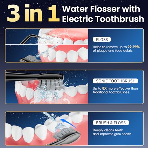 Electric Toothbrush with Water Flosser Combo,5 Flossing Speeds & 3 Brush Modes for Adults,Sonic 2.0 Professional Flossing Toothbrush for Teeth Cleaning,Portable for Travel,30-Day Battery, Black