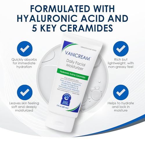 Vanicream Daily Facial Moisturizer With Ceramides and Hyaluronic Acid - Formulated Without Common Irritants for Those with Sensitive Skin, 3 fl oz (Pack of 1)