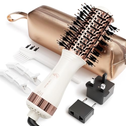 Travel Blow Dryer Brush in one, Dual Voltage 110V-240V Mini Hot Air Brush, Hair Trends Nano Titanium 2 Inch One Step Hair Dryer and Styler Volumizer Oval Shape