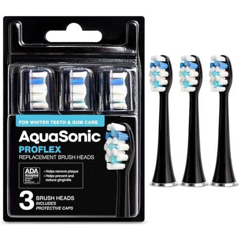 AquaSonic Genuine Proflex Replacement Brush Heads | ADA Accepted | for Whiter Teeth & Gum Care | Compatible with Many AquaSonic Toothbrush Handles (3 Pack Black)
