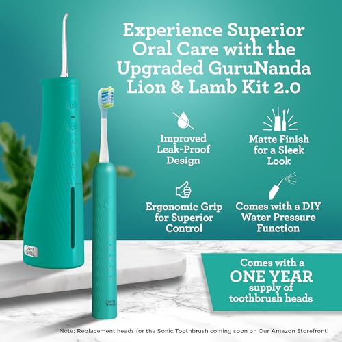 GuruNanda Lion & Lamb Kit 2.0, Electric Toothbrush with Water Flosser Combo, 4 Jet Tips, 4 Brush Heads, & IPX7 Waterproof Design for Complete Oral Care, Teal