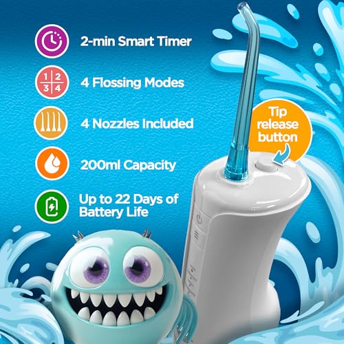 GuruNanda Kids Water Dental Flosser - 4 Flossing Modes, 4 Nozzles, 2-Min Smart Timer, Ages 6+, Monster Frens Theme, Portable Oral Care for Kids
