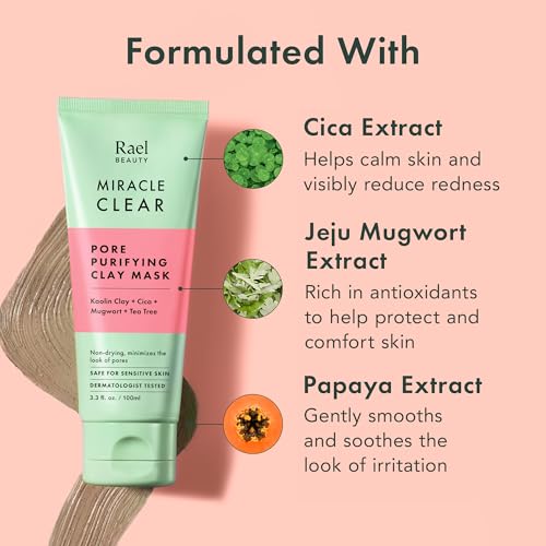 Rael Face Mask, Miracle Clear Clay Mask – Deep Pore Cleanser with Tea Tree & Gentle Exfoliation for Blackheads, Korean Skin Care (3.4 fl oz)