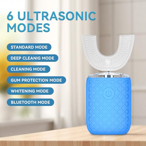 Adult Sonic Automatic Electric Toothbrush, 360° Oral Cleaning Stain Whitening, IPX7 Waterproof Rechargeable, u-Shape Brush Head*3+Straight Handle Brush Head*2 (Blue)