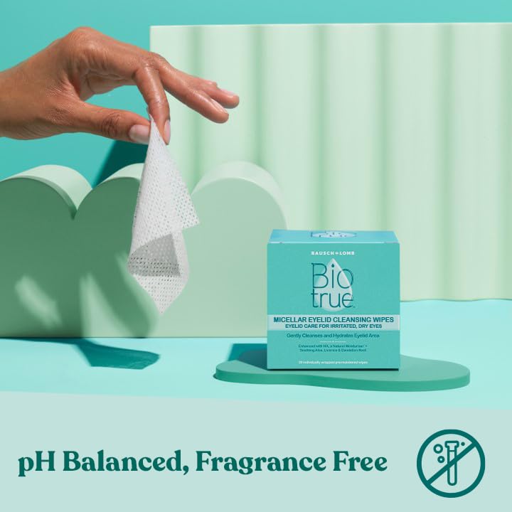 Biotrue Micellar Eyelid Cleansing Wipes, Fragrance-Free Eyelid Care for Dry, Irritated Eyes, Gently Cleanses, Hydrates & Soothes Eyelids, Moisturizing Eye Wipes for Daily Use, 30 Wipes (Pack of 1)