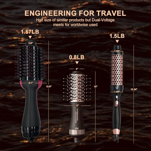 Travel Dual Voltage Hair Dryer Brush 4-in- 1,Portable Mini Hot Air Blow Dryer Straightener & Curler Brush,Titanium Oval Blowout Styler Volumizer Tools-Dark Chocolate