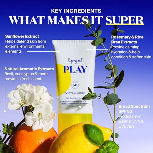 Supergoop! PLAY Everyday Lotion SPF 50 (2.4 fl oz) - Broad Spectrum Body & Face Sunscreen - Great for Active Days - Fast Absorbing, Water & Sweat Resistant