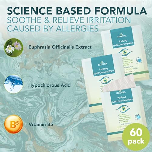 NOVEHA Eyelid & Lash Wipes | For Itchy, Dry Eyes, Styes & Blepharitis | lid and lash Cleansing Wipes, Hypoallergenic & Soothing For Sensitive Eyes, Pack of 60