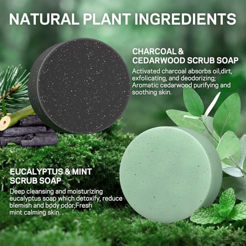 Exfoliating Body Scrub Soaps, 2 Pack Eucalyptus＋Charcoal Exfoliating Soap Bar for Men & Women - Smooth & Soften Skin, Detoxify, Body Exfoliator Bar with Dead Sea Sand