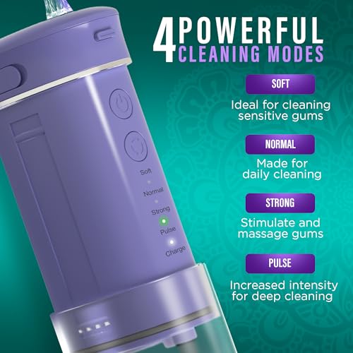 GuruNanda Compact Water Dental Flosser, Portable Travel Size Oral Irrigator Flosser with Collapsible 180 ml Tank, Smart Timer, 4 Flossing Modes, TSA-Friendly - Lavender