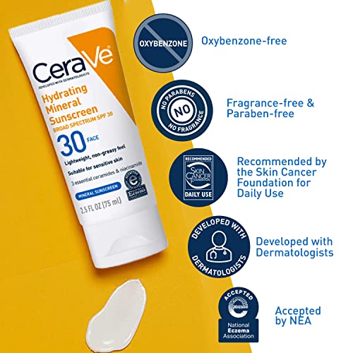 CeraVe 100% Mineral Sunscreen SPF 30, Face sunscreen With Zinc Oxide & Titanium Dioxide, Hyaluronic Acid + Niacinamide + Ceramides, Oil Free, Travel Size 2.5 oz
