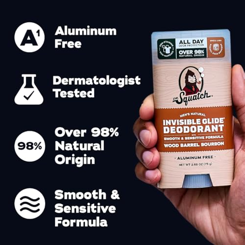 Dr. Squatch Invisible Glide Natural Men’s Deodorant – Smooth Glide, No Stains – Aluminum Free Deodorant Men – Safe for Sensitive Skin – Wood Barrel Bourbon + Rainforest Rapids, 2.65oz (2-Pack)
