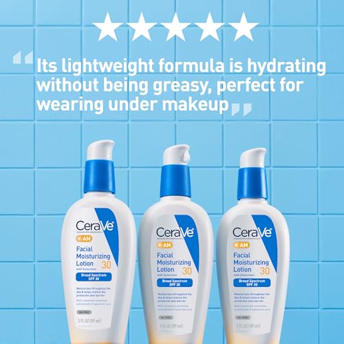 CeraVe AM Facial Moisturizing Lotion with SPF 30, Oil-Free Face Moisturizer with SPF, Formulated with Hyaluronic Acid, Niacinamide & Ceramides, Non-Comedogenic, Broad Spectrum Sunscreen, 3 Ounce