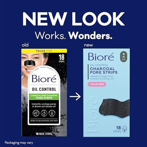 Biore Charcoal Deep Cleansing Pore Strips, Nose Strips for Blackhead Removal on Oily Skin, Features C-Bond Technology with Instant Pore Unclogging, 18 Count