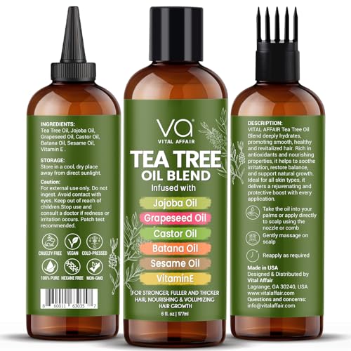 VITAL AFFAIR Tea Tree Oil For Hair With Jojoba, Castor, Batana Oil - Tea Tree Hair And Scalp Treatment - Hair Oil For Dandruff - Helps Strengthen, Volumize & Promotes Hair Growth - 6 Fl Oz