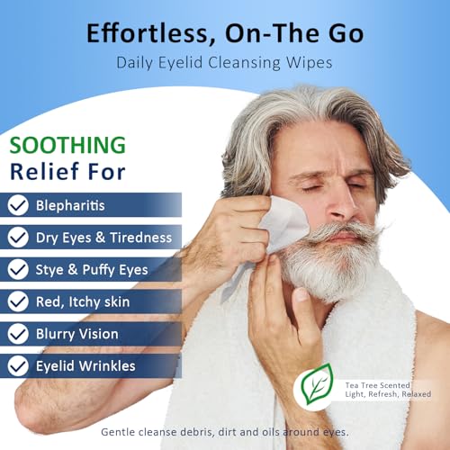 30PCS Eyelid & Lash Wipes for Itchy & Dry Eyes, Tea Tree Oil Eyelid Wipes for Styes & Blepharitis, Daily Eye Cleansing Cloths, Hypoallergenic & Soothing For Sensitive Eyes, Stay Hydrated Lid Wipe