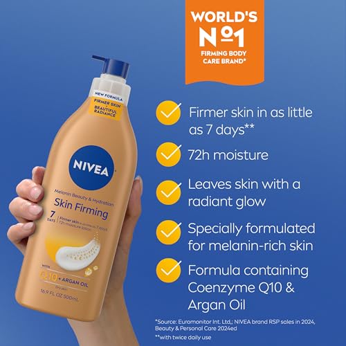NIVEA Skin Firming Melanin Beauty & Hydration Body Lotion with Q10 and Argan Oil, Firmer Skin in as Little As Seven Days, 16.9 Fl Oz Pump Bottle