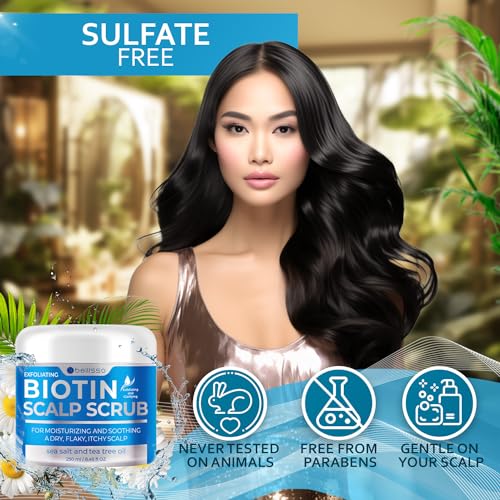 Biotin Scalp Scrub - Exfoliator Treatment for Dry Hair and Itchy, Flaky Scalps - Intense Moisturizer and Detox Cleanser for Build Up Relief - Anti Dandruff Mask with Tea Tree Oil for Women and Men