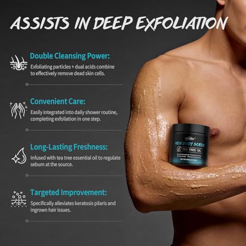 Men Body Scrub with Tea Tree Oil Exfoliating Body Scrub for Men Improve Odor Smooth Rough Skin Body Exfoliator Scrub for Back Chest Shoulders Butt Legs Mens Exfoliating Body Wash with 2% BHA 10% AHA