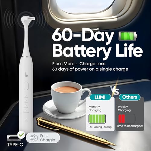 Lumi Electric Flosser | 2 in 1 Electric Flosser for Adults w/ 4 Speeds + 50 Replacement Heads - Dentist Recommended | Easy Glide Flossing for Gentle Gum Care, Tongue Scraper, Water Alternative flosser