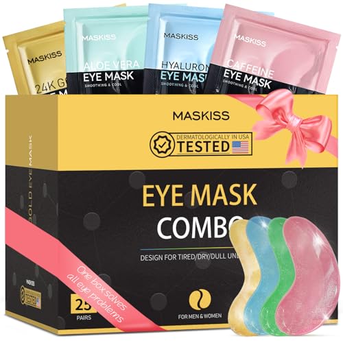 Maskiss Under Eye Patches(25 Pairs), 24K Gold, Caffeine, Hyaluronic Acid, Aloe Vera Eye Masks for Dark Circles Puffy Eyes Undereye Bags, Eye Skin Care Gift Set for Bachelorette Party Favors
