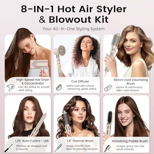 8 in 1 High-Speed Hair Styler & Hair Dryer Brush Set – 110,000 RPM Ionic Hot Air Styler with Auto Air-Curlers, Diffuser, Volumizer & Thermal Brush for Fast Drying & Frizz-Free Shine
