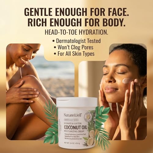 NATURE WELL Hydrate & Soften Coconut Oil Moisturizing Cream for Face, Body, & Hands, Non-Greasy, Intense Hydration & Luxurious Feel, Revives Dry & Sensitive Skin, Superfood for Your Skin, 16 Oz