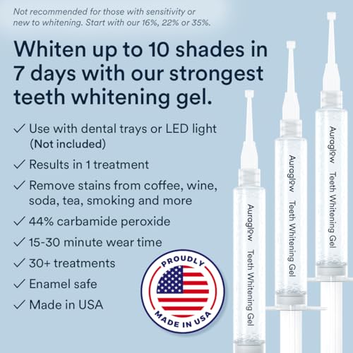 AuraGlow Teeth Whitening Gel Syringe Refill Pack, 44% Carbamide Peroxide, (3X) 5ml Syringes, 30 Treatments