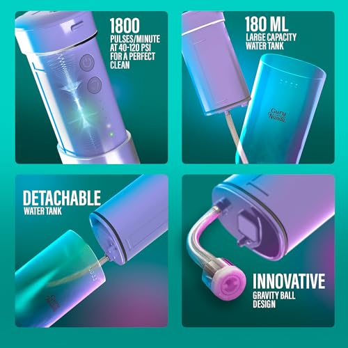 GuruNanda Compact Water Dental Flosser, Portable Travel Size Oral Irrigator Flosser with Collapsible 180 ml Tank, Smart Timer, 4 Flossing Modes, TSA-Friendly - Lavender