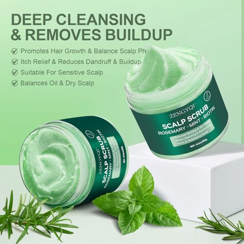 Scalp Scrub, Rosemary & Mint Oil & Biotin Scalp Exfoliator Scrub Shampoo with Silicone Cleansing Massager, Hair Treatment for Itchy Scalp, Dandruff & Buildup Removal & Thick and Strong Hair Growth
