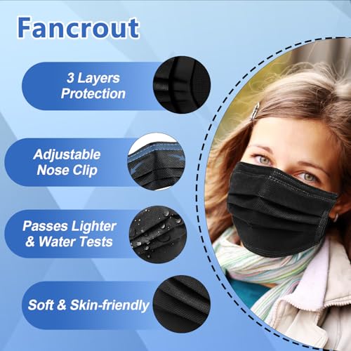 100Pcs Black Disposable Face Mask, 3 Ply Black Face Masks with Soft Elastic Ear loops