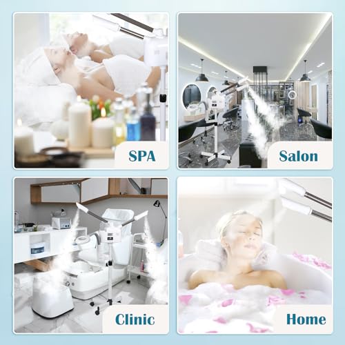 Professional 3 in 1 Facial Steamer Deep Cleaning Ozone Facial Steamer with 5X Magnifying Light & Rolling Wheels Hot/Cold Mist Function for Salon Spa Home Beauty Equipment, White