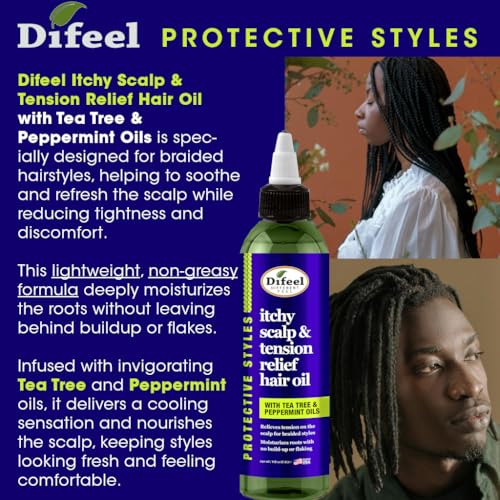 Difeel Itchy Scalp & Tension Relief Hair Oil with Tea Tree & Peppermint Oils for Braided Styles 8 oz.